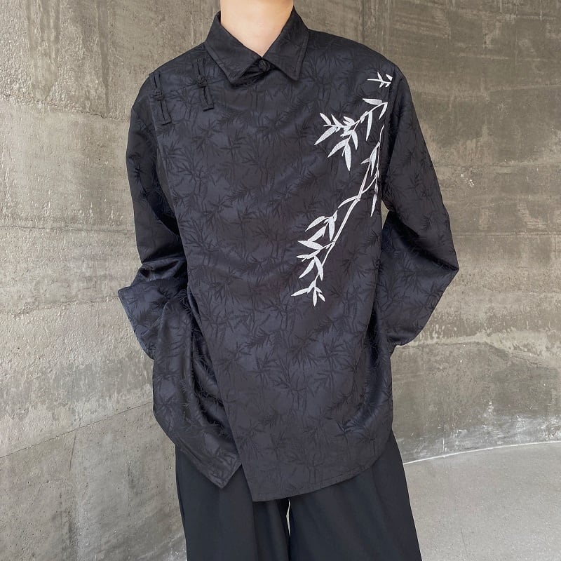 [Illustrated series] ★China style shirt★ 2color tops embroidery bamboo unisex men's black apricot