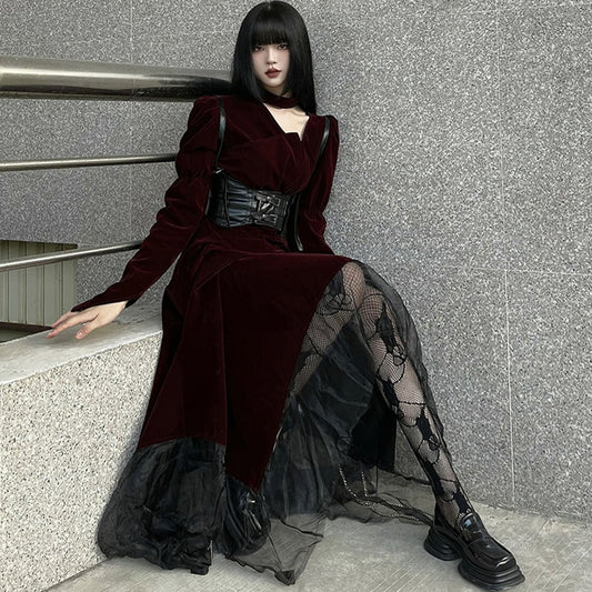 [LadyGhost Series] ★One Piece★ Switching Wine Red Red Retro Stylish Cute Date Shooting