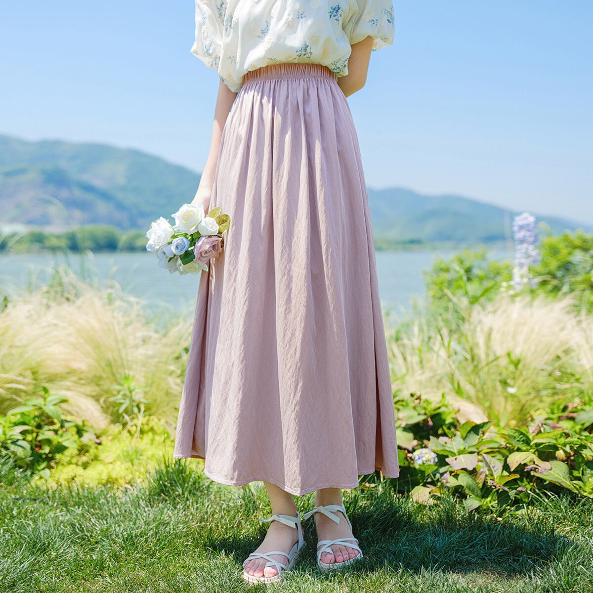 [Shirasu Series] ★Skirt★ Bottoms 2color Elastic Waist Plain Ladies Date Improves Temperament Easy to Match Simple Blue Pink