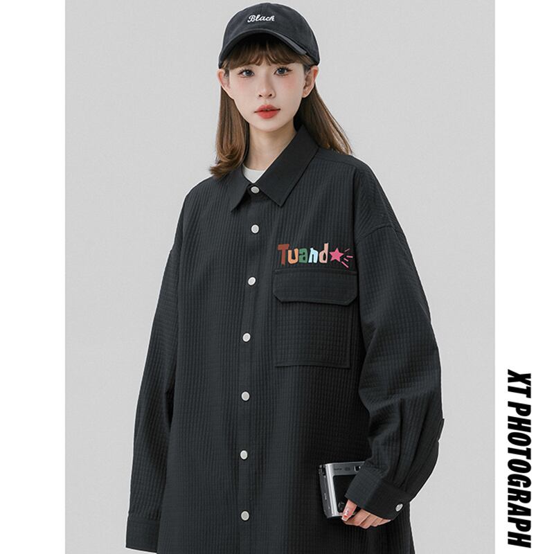 [Fujiiman Series]★Shirt★ 3color long sleeve shirt unisex men's alphabet black coffee color white