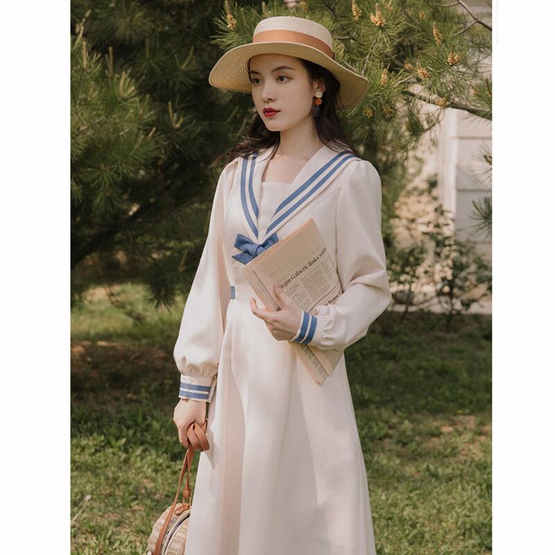 [Tatsuze Chenis Series] ★One Piece★ Sailor Uniform Beige Temperament Enhancement Women's Autumn Clothes SML Date