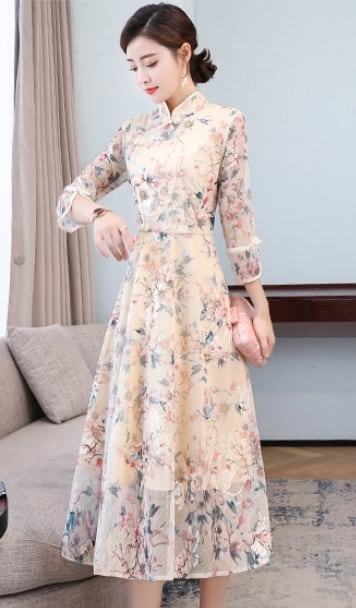 Chinese Style Dress, Long Dress, Long Sleeve, Good Temperament, Slim, Commuting, Girls' Night Out, Class Reunion, Present, Party, Large Size, ML, XL, 2XL, 3XL, Retro, Stand Neck, Floral Print, Apricot Color