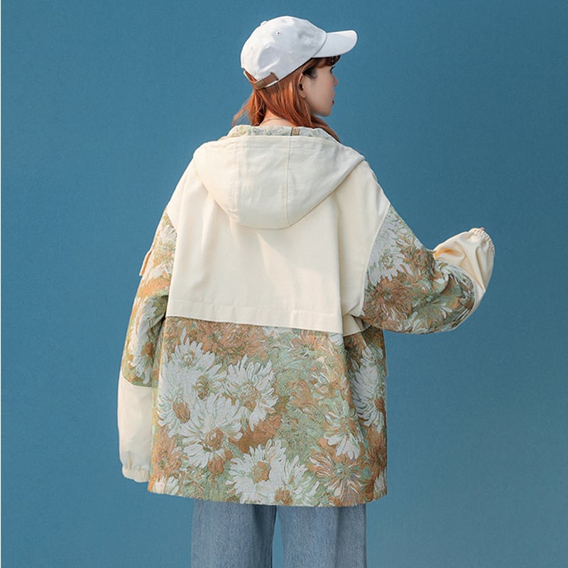 [Fujiiman Series]★Jacket★ Outerwear 2color Floral Pattern Switching Unisex Unique Large Size Beige Blue