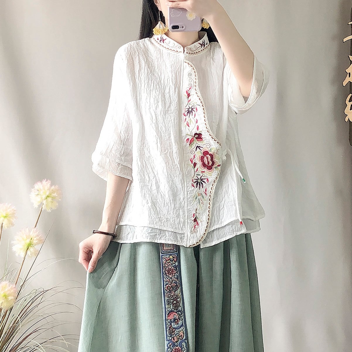 [Kofuku series] ★China style shirt★ 3color embroidery tops ethnic gray blue white pink