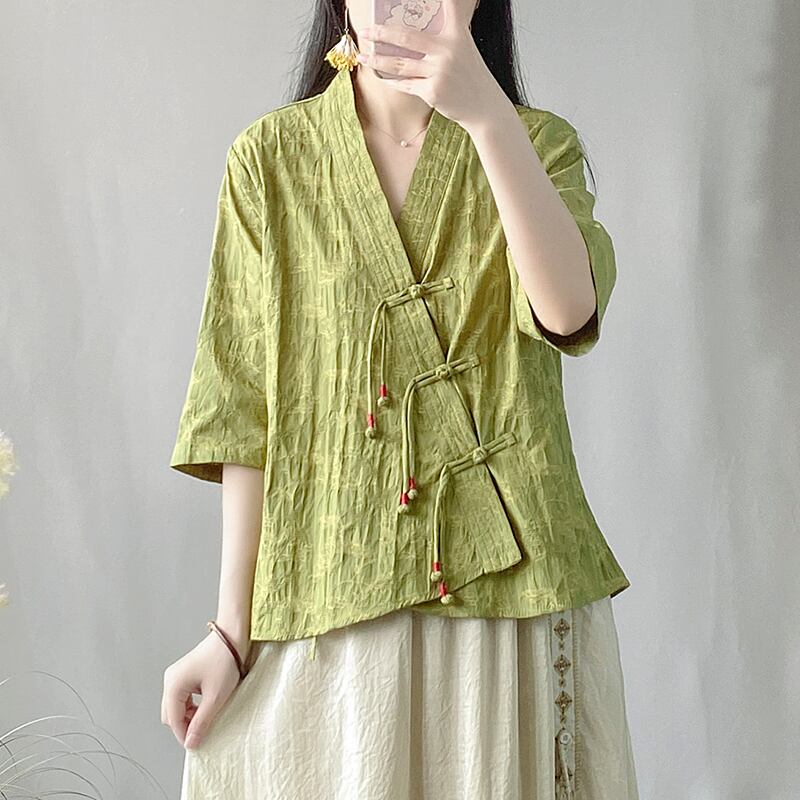 [Qing series] ★China style tops★ Shirt 3color cotton linen V neck literary style blue green beige