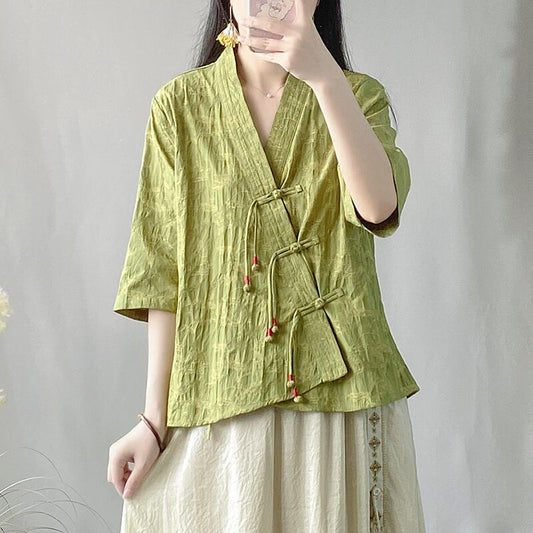 [Qing series] ★China style tops★ Shirt 3color cotton linen V neck literary style blue green beige