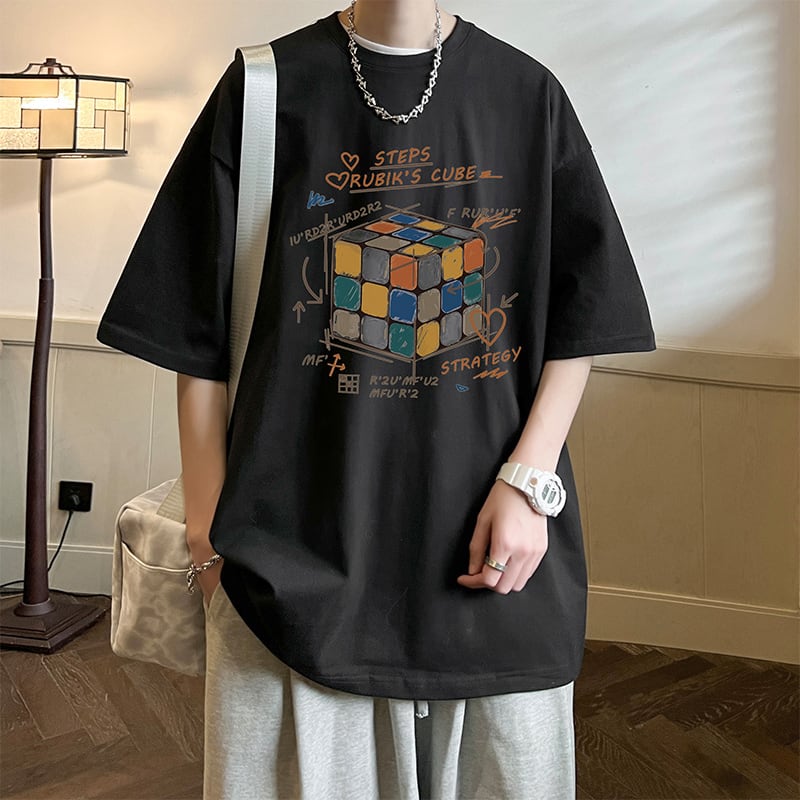 [V37 Series]★T-shirt★ Tops 7color Unisex Men's Large Size Rubik's Cube Pattern