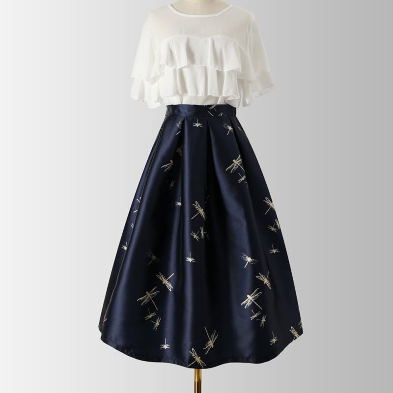 [MOERBEN Series]★Skirt★ Bottoms High Waist Dragonfly Print Large Size Navy Blue