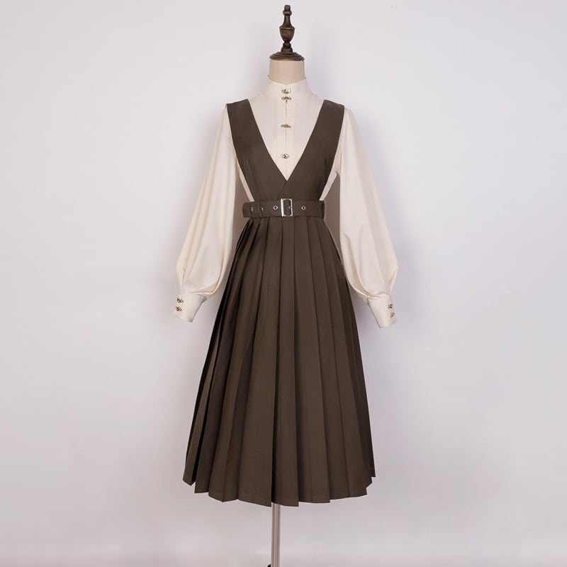 [Dusty clouds dream---Hikisoushi series] ★Sleeveless dress★ Easy to match pleated skirt coffee color retro SML