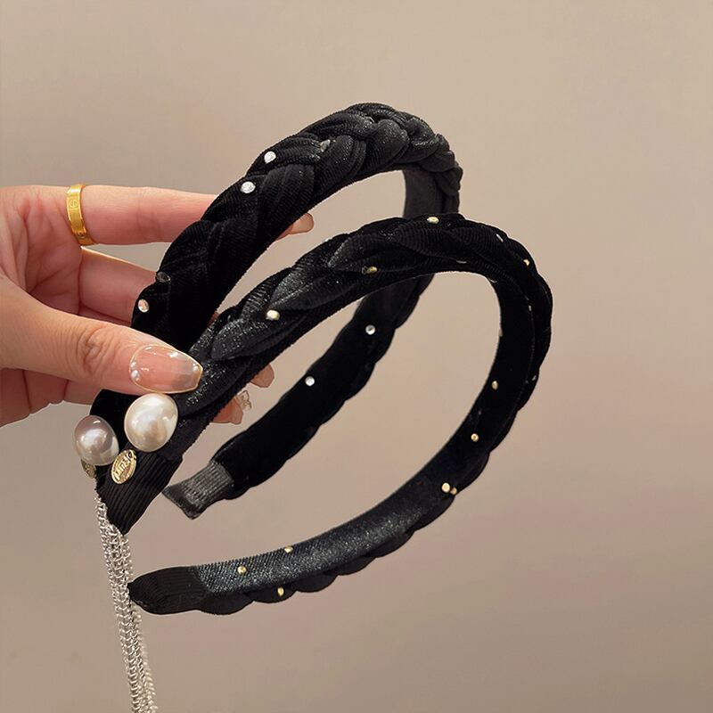 [Rainou Series] ★Headband★ 2color Hair Ornament Accessory Velvet Black Black Asymmetrical Fringe