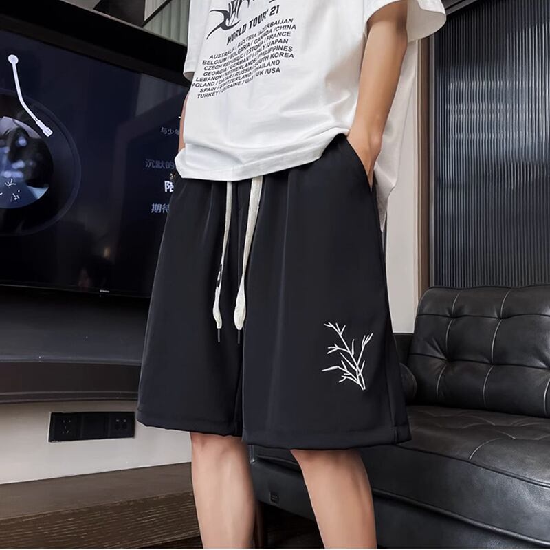 [Leonbinno Series] ★China Style Shorts★ 2color Embroidery Bamboo Casual Shorts Unisex Men's Black Beige