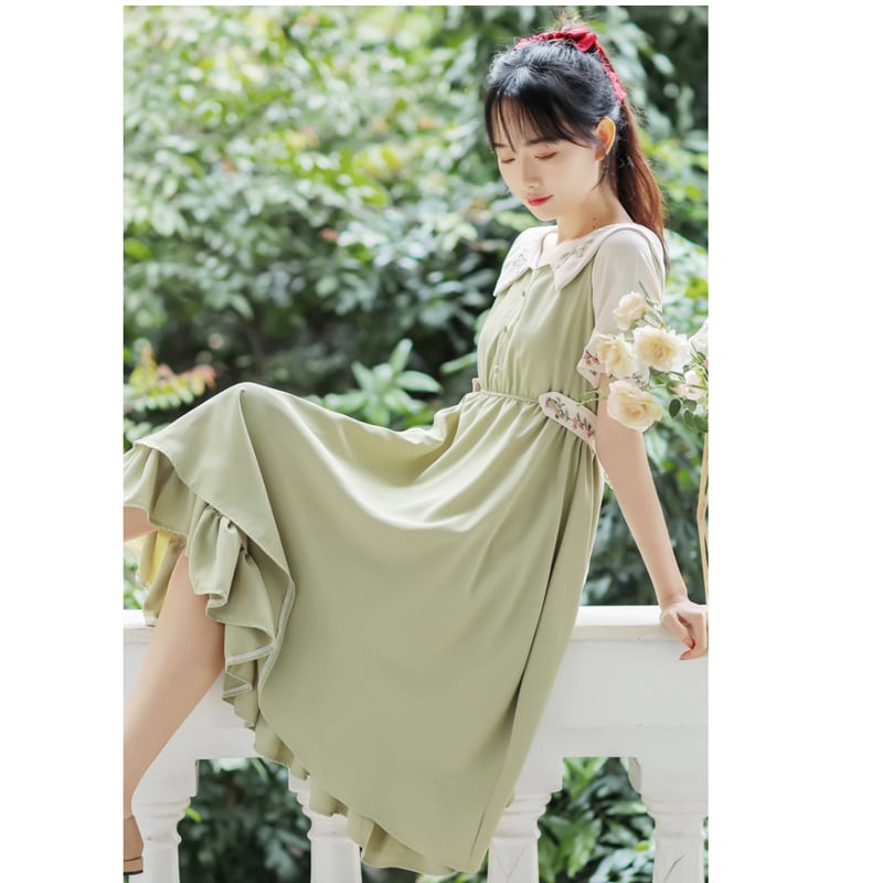 [Poetry Series] ★Chinese-style dress★ 2 colors Dress Embroidery Green Blue SML XL Improve your temperament Cute