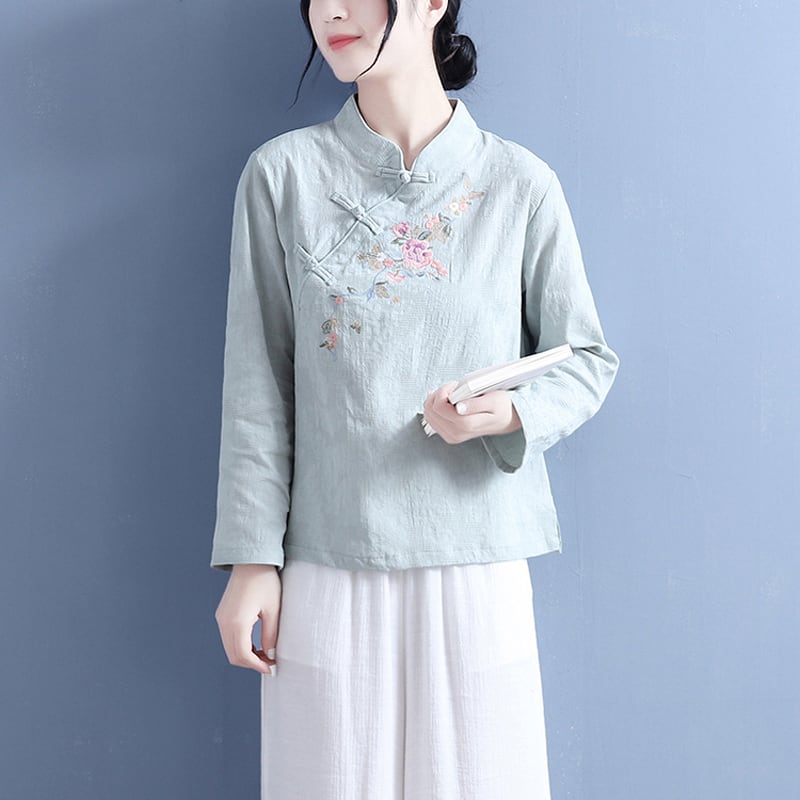 [Qing Series]★Chinese style tops★ 4color embroidered tops slimming Chinese clothes White Blue Green Purple Pink