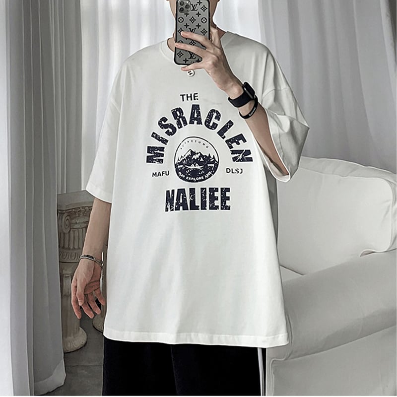 [Emeisa Series]★T-shirt★ Tops 3color Unisex Men's Short Sleeve T-shirt Casual Black White Blue Alphabet