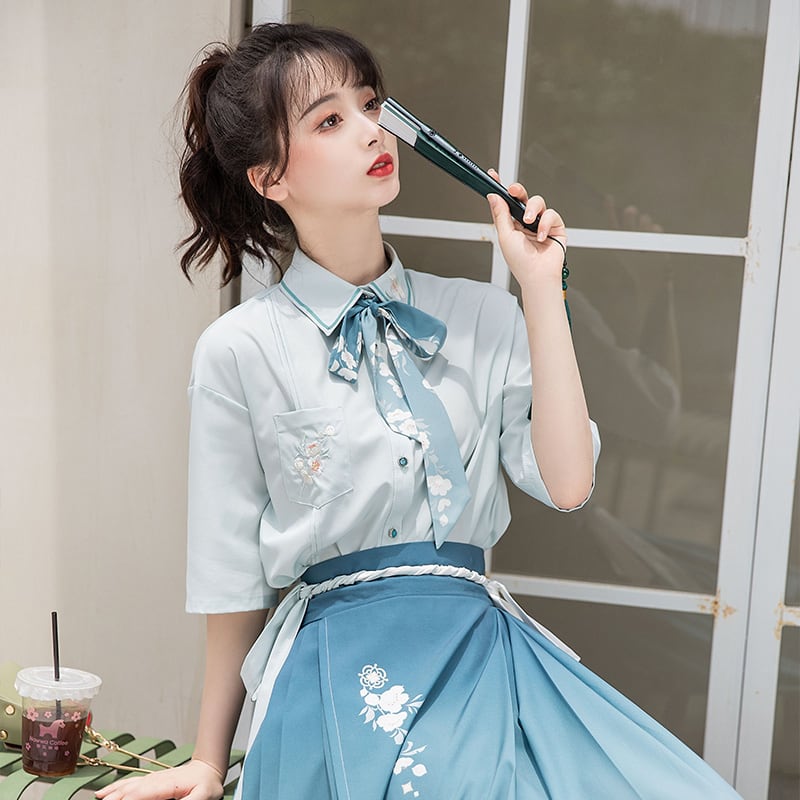 [Ikeka Series] ★Chinese-style setup★ Shirt + wrap skirt + ribbon Improved Hanfu Crane Blue Everyday Date Fireworks Festival