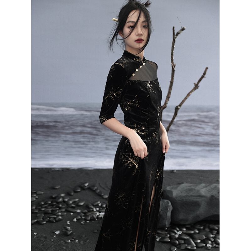 [Daiseiryusu Series] ★China-style dress★ Improved cheongsam dress, velvet, switching slit, black