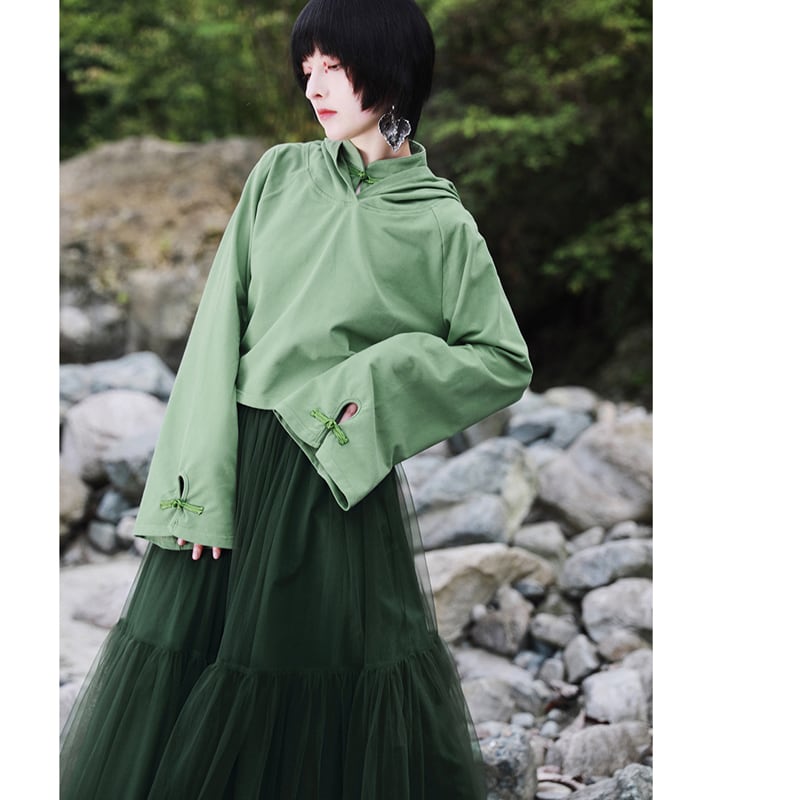 [Daiseiryusu Series]★China style hoodie★ Tops 2 colors, short length, Chinese buttons, hooded, green black