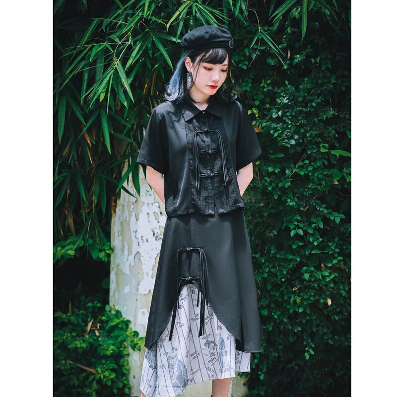 [Kokaisha --- Bamboo Series] ★Chinese style shirt★ Fringe Chinese clothing original short length black black