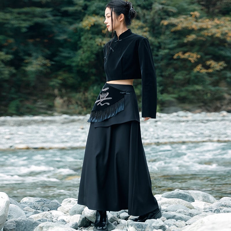 [Big Blue Dragon Series] ★China style skirt★ Bottoms fake layered black black slimming design.