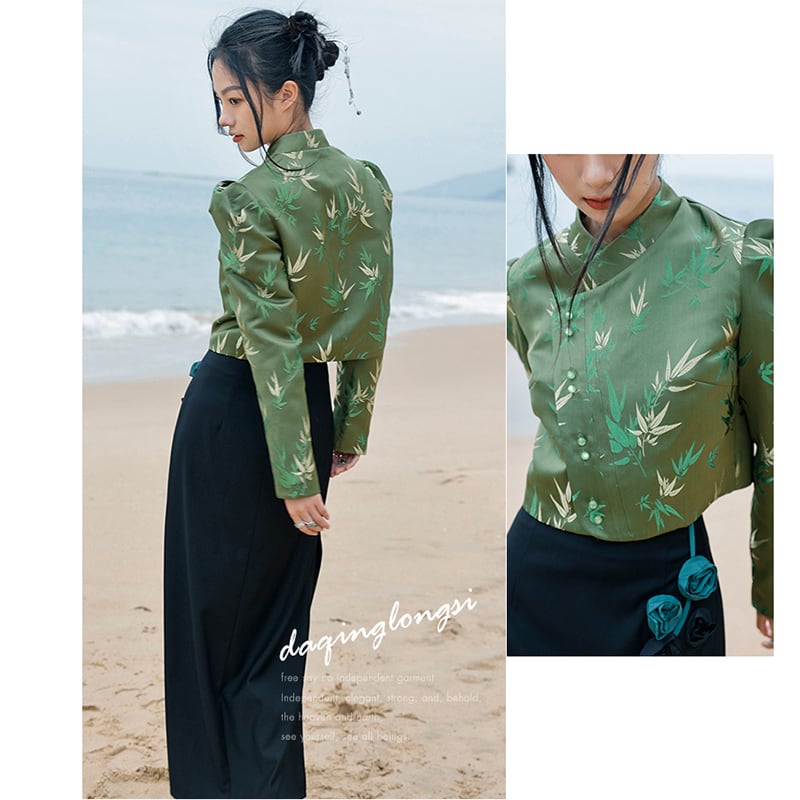 [Big Blue Dragon Series]★China style outerwear★ Tops Shirt Bamboo Green Green Mini Length Chinese Clothes Improves Temperament