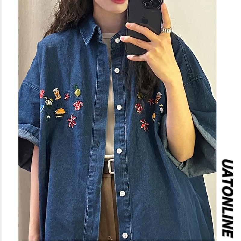 [PUDUN Series]★Denim shirt★ Tops, short sleeve shirt, unisex, men's, unique, embroidery, summer clothes, blue, blue