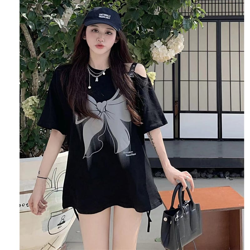 【MANBAOシリーズ】★Tシャツ★ トップス 半袖Tシャツ 肩出し 夏服 蝶々 可愛い ブラック 黒い セクシー