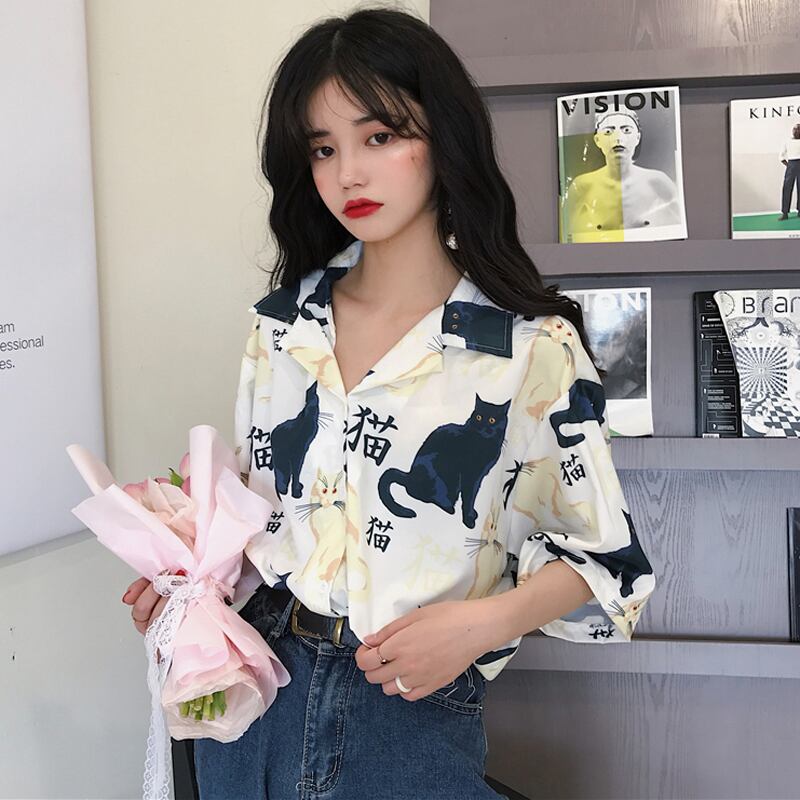 [PUTONG series]★China style shirt★ Tops 2color black white cat pattern loose cute SML XL