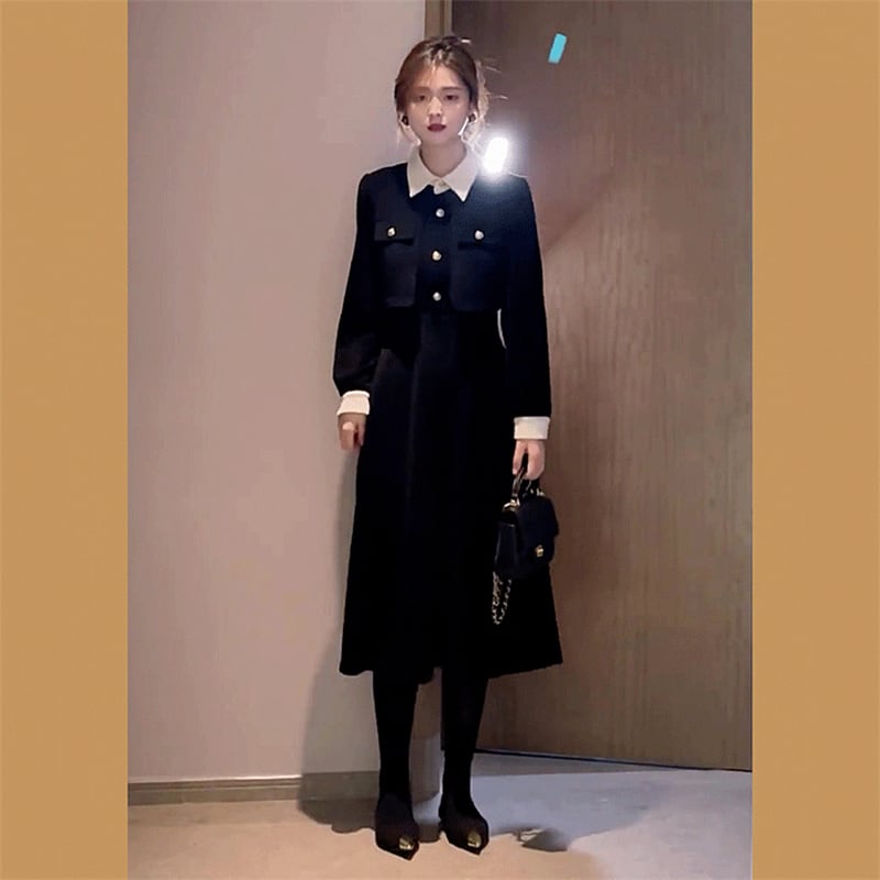 [ZHENMANZI Series] ★One Piece★ Faux layered long sleeve thick women's fashionable slimming appearance enhances your temperament Black Black