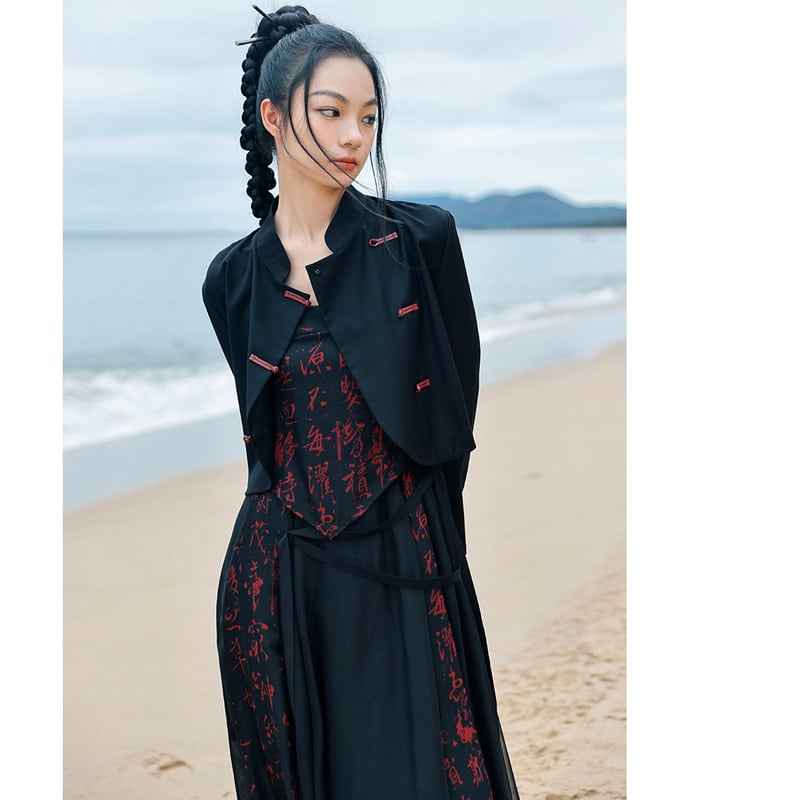 [Daiseiryusu Series] ★China style outerwear★ Tops embroidery black black unique color scheme slimming original