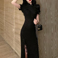 Load image into Gallery viewer, Long Chinese Dress, One Piece, Chinese Clothing, Short Sleeve, SML, Sexy, Slimming, Slit, Black
