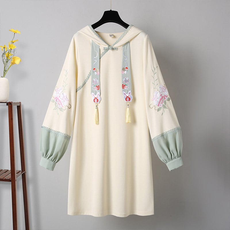 [Only Cats Series] Chinese-style dress, hoodie dress, embroidery, long sleeves, cute, beige, Chinese clothing