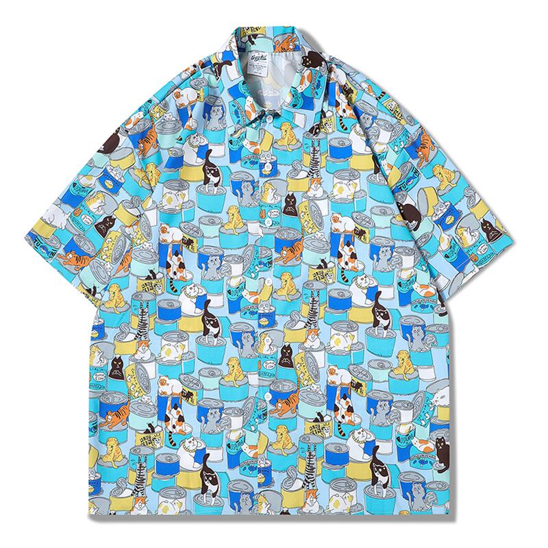 [TRAVEL ISSUANCE Series]★Shirt★ 2color Blue or Red Cat Cat Cat Pattern Print Unisex Men's Beach Travel Photography