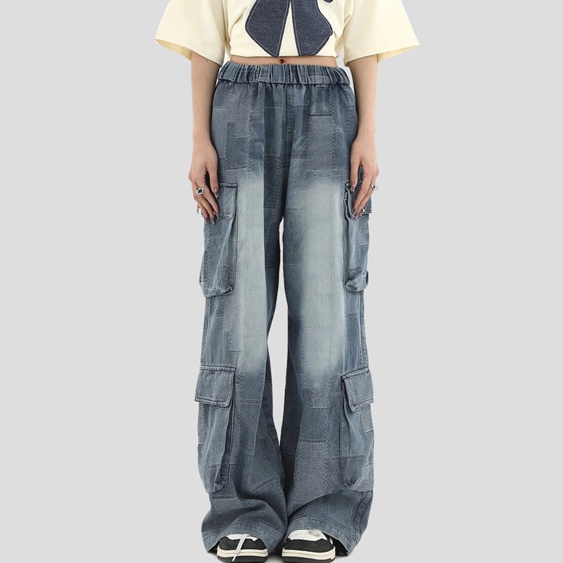 [Studios Series]★Denim Pants★ Bottoms Unisex Men's Trousers Plaid Pattern Elastic Waist Retro