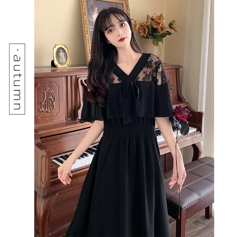 [Dong Xiaojie Series] ★Dress★ Large size lace chiffon switching black black V neck short sleeve summer