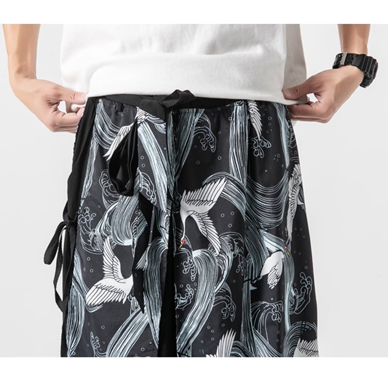 [Grass ink series] ★China style pants★ 4color black or white or blue or navy men's gaucho pants gaucho crane