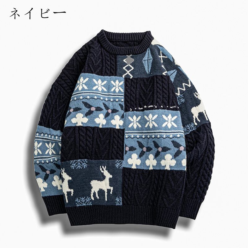 [Morimoto series] ★Sweater★ 3color tops, thick, warm, unisex, men's, floral pattern, retro, color scheme, easy to match