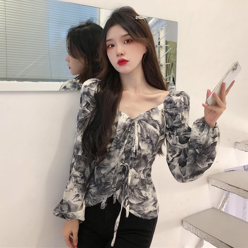 [YIPINXIAN Series]★Tops★ Floral Tops Blouse Short Length Cute Sexy V Neck