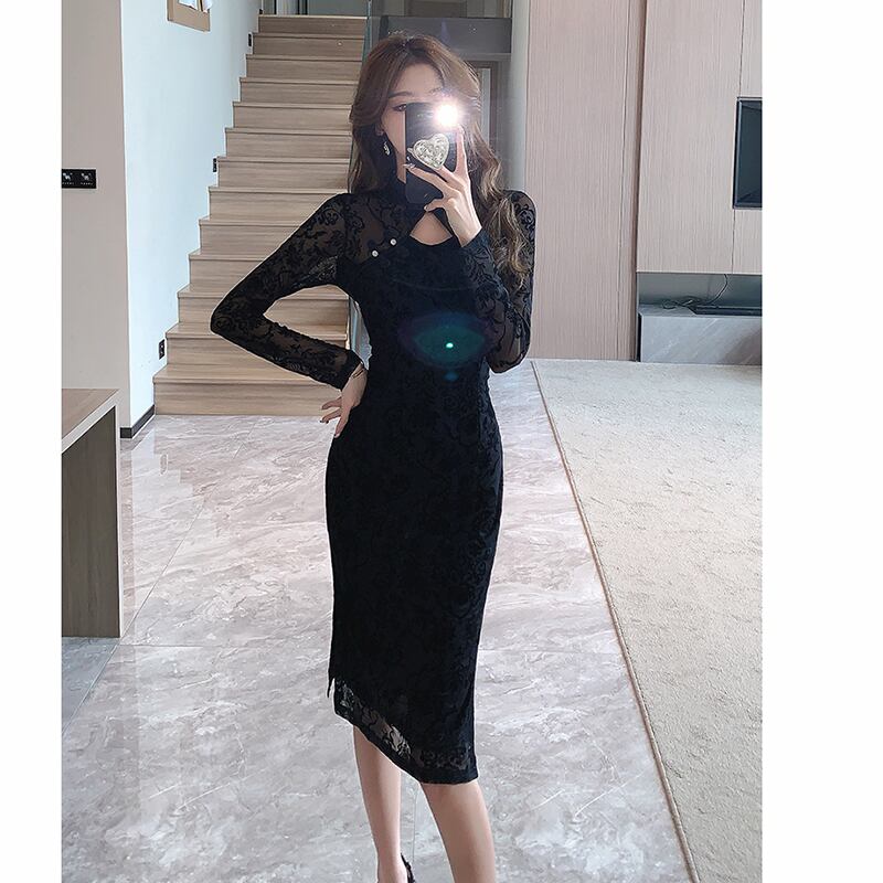 [AL Fashion Series] ★Cheongsam dress★ Chinese style dress, slimming, sexy, improving temperament, black, black