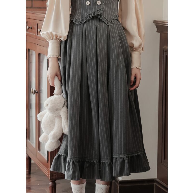 [Minami no Mori Series] ★Skirt★ Bottoms Improves temperament Cute Gray Gray SML XL Vertical stripes Ladies