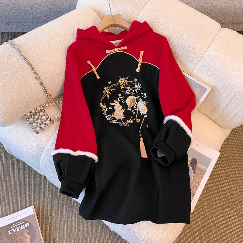 [Silk Series] ★Chinese style hoodie★ Fleece lining 2color hoodie dress Chinese clothing embroidery large size