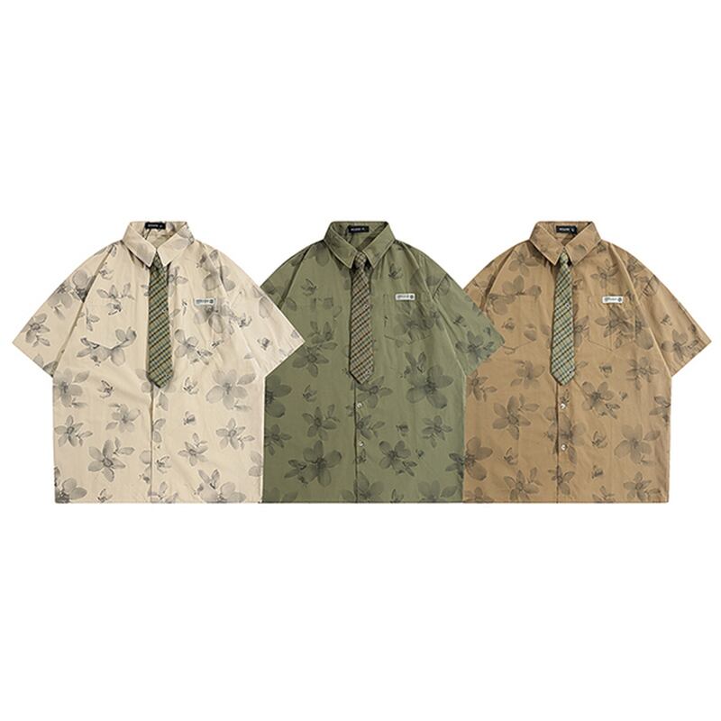 [HTTAOSUP Series]★Shirt with tie★ 3color tops, short sleeve shirt, floral pattern shirt, unisex, men's brown, green, beige