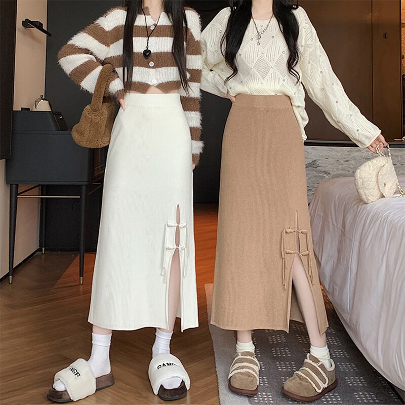 [CHAOSHAN series] ★Knit skirt★ 3color bottoms slit slimming easy to match black beige brown