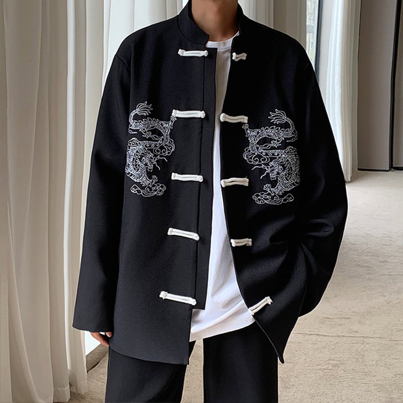 [PVPVPV Series] ★China Style Outer★ Jacket Unisex Men's China Button Dragon Black White