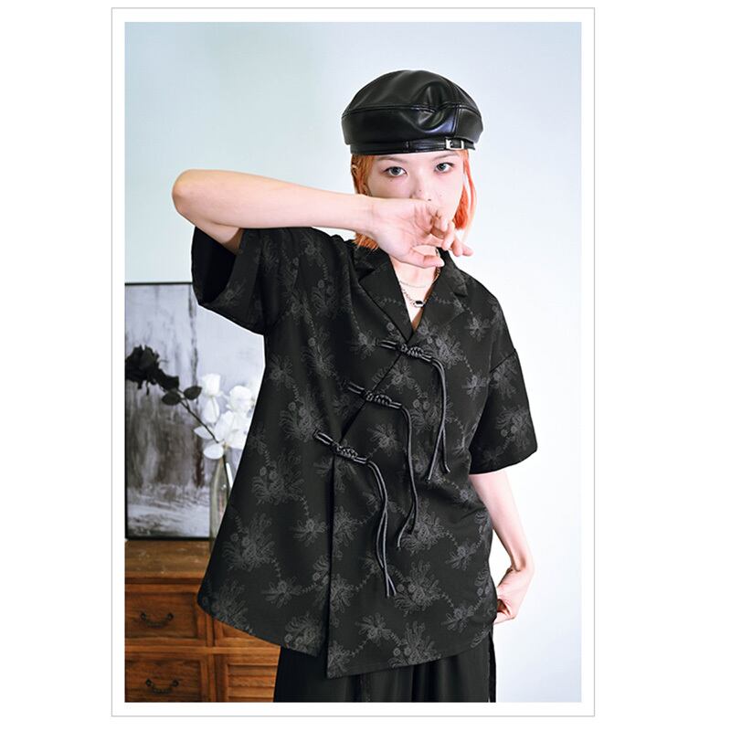 [Ancient monsters --- Ink series] ★China style shirt★ Tops Short sleeve shirt Black Black China button