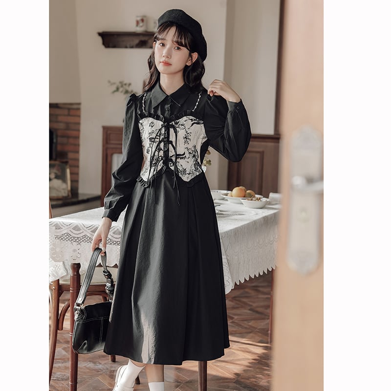 [Shukunsho series] ★China style dress★ 2color fake layered ladies cute retro autumn clothes black coffee color