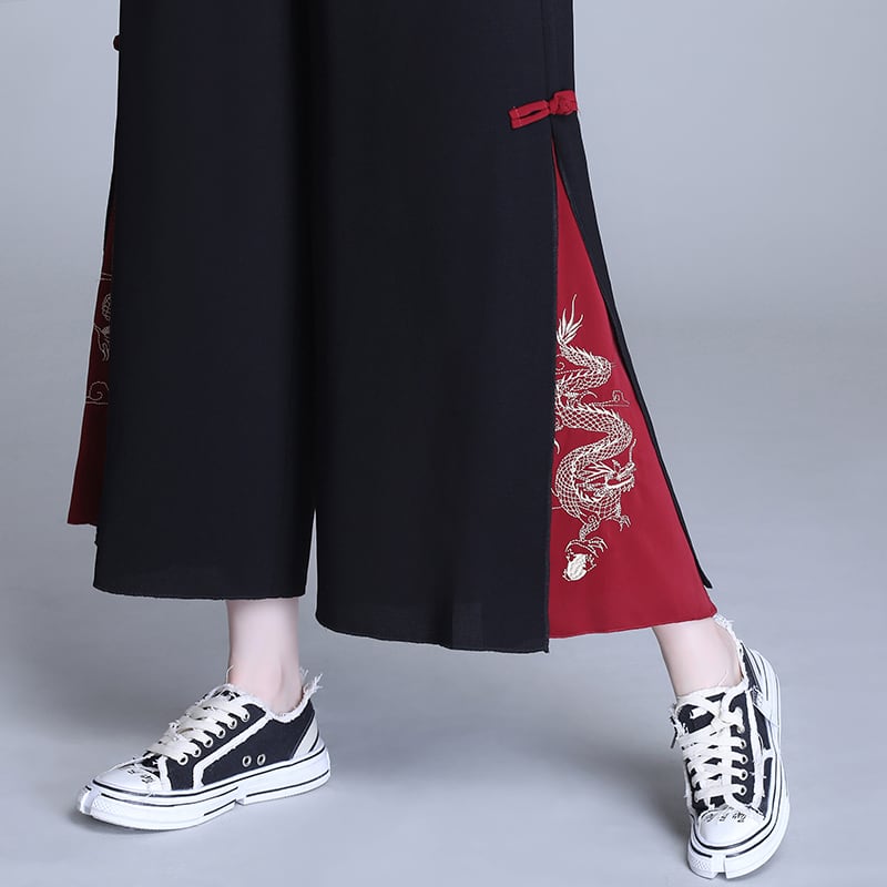 [Aokyu Series] ★ Gaucho pants ★ Chinese style pants, Chinese clothing, ethnic style, bottoms, slimming, black, red, large size