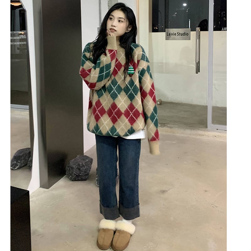 [Tachibana Koju Series] ★Sweater★ 2color knit tops Christmas rhombus cute fashion