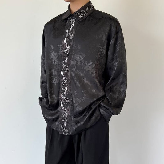 [Illustrated series] ★China style shirt★ Embroidery 2color tops long sleeve shirt unisex men's loose fit black white