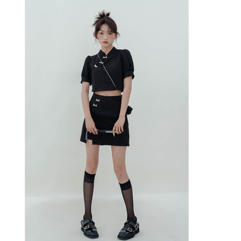 [LOVEHEYNEW series]★China style setup, single item order★ Tops or skirt, slimming black, black