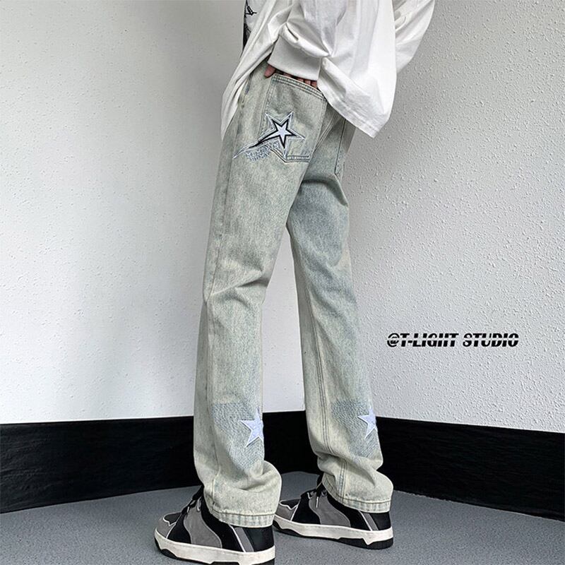 [CHAOMEICHEN Series]★Denim Pants★ 2color Bottoms Pants Unisex Men's Large Size Star Black Blue